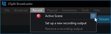 A gear icon is shown to the right of Active Scene under the Recording menu. Clicking this will open the Local Recording Properties window.