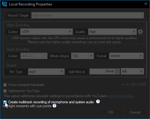 Local Recording properties with Create Multitrack recording of microphone and system audio checked