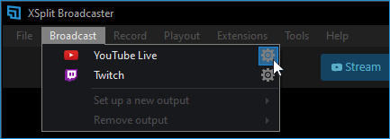 highlighting the gear icon next to the YouTube Live output