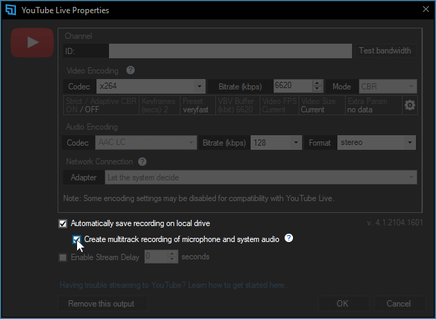 Checking Create Multitrack recording of microphone and system audio checked