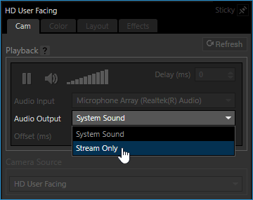 Highlighting Stream only as the audio output in the HD user Facing camera source properties