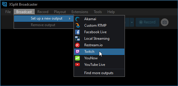 A new Twitch output can be made through the Broadcast menu.