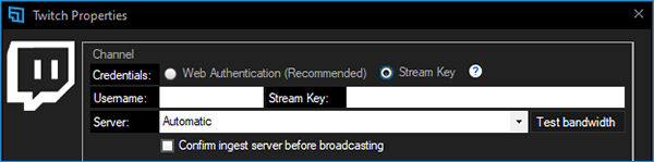 XBC Twitch output properties focused on showing the channel details