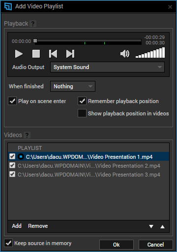 Video playlist source properties showing some videos are added