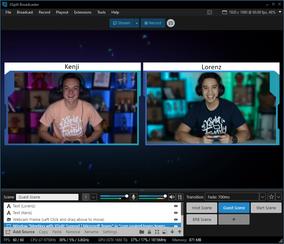 Guest and host cameras showing in XBC's stage, with overlays