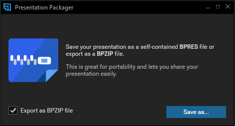 Presentation Packager main window, with Export as BPZIP checked