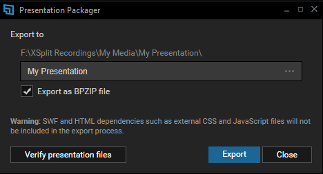 Presentation Packager with the My Presentation BPZIP file selected for import