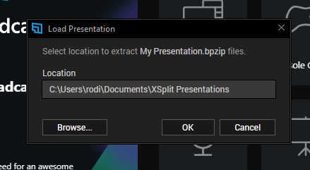 the My Presentation.bpzip file selected for loading on XBC