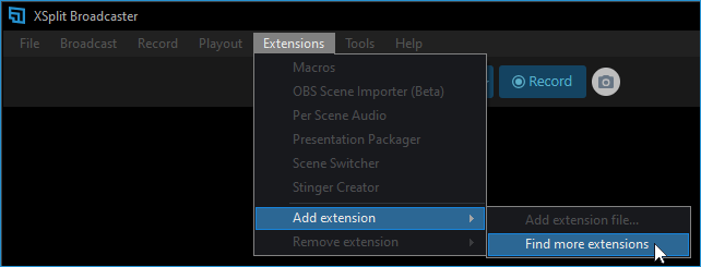 Extensions Menu XSplit Support