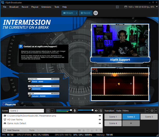 XSplit Broadcaster&apos;s main window shows what you will see in your stream or recording.