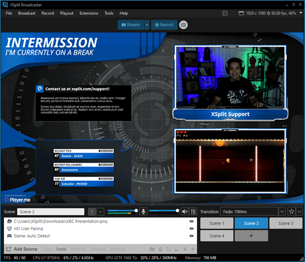 XSplit Broadcaster's main window shows what you will see in your stream or recording.