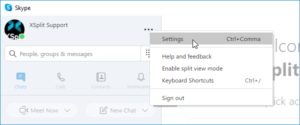 Clicking the ellipsis icon on the Skype window beside your username shows a context menu where Settings can be selected.