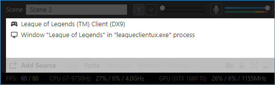 XBC Source list showing one source for LOL's game screen (game capture) and a window capture source for LOL's client process