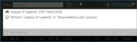 XBC Source list showing one source for LOL&apos;s game screen (game capture) and a window capture source for LOL&apos;s client process