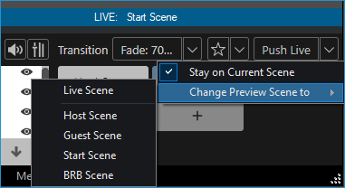 XBC Stage's Change Preview scene to menu shows 4 other scenes to choose from