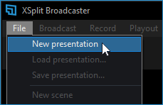 File &gt; New Presentation option highlighted in XBC