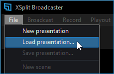 File &gt; Load Presentation option highlighted in XBC