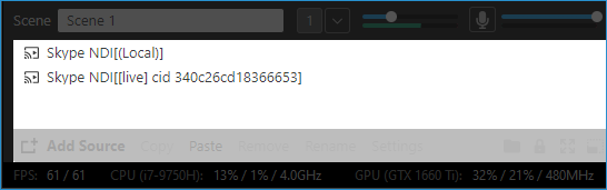 Skype NDI sources added in the source list