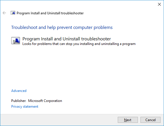 Windows' Install/Uninstall troubleshooter first step