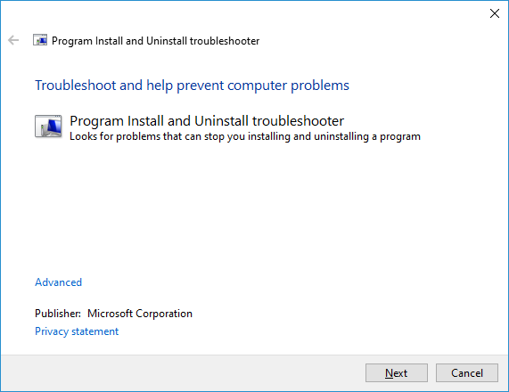 Windows&apos; Install/Uninstall troubleshooter first step