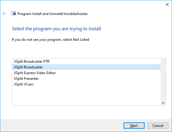 Windows install/uninstall troubleshooter - selecting the correct XSplit app