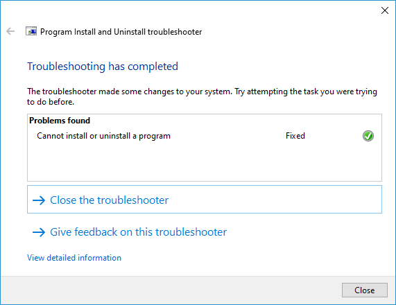 Windows install/uninstall troubleshooter - completion
