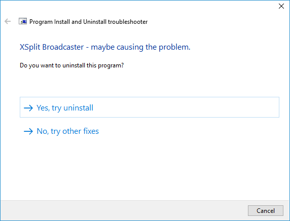 Windows install/uninstall troubleshooter - suggested cause and solution