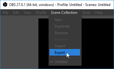 OBS Scene collection > Export menu highlighted
