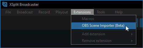 XBC Extensions > OBS Scene Importer (Beta) highlighted