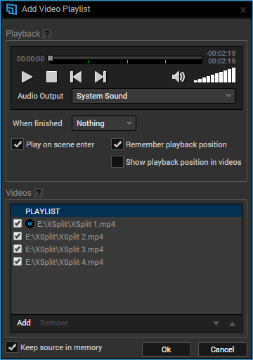 Video playlist source properties window overview