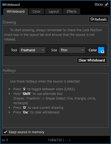 Whiteboard source properties window - whiteboard tab overview