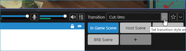 The transitions menu is just above the scene list.