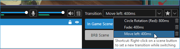 Tool tip stating that Right-clicking on a scene button allows you to set a transition while switching scenes