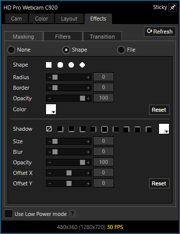 Webcam source propeties - effects tab in XBC