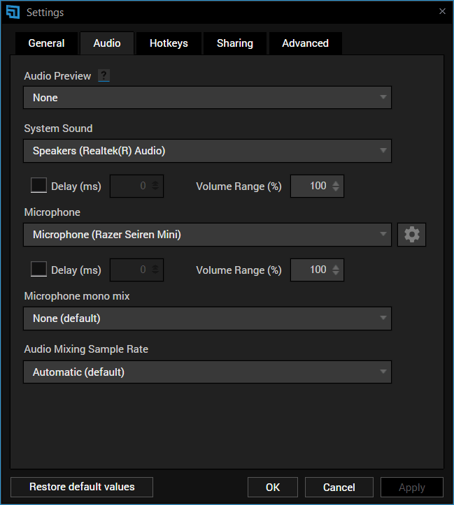 Tools &gt; Settings &gt; Audio tab showing the different audio settings for XBC