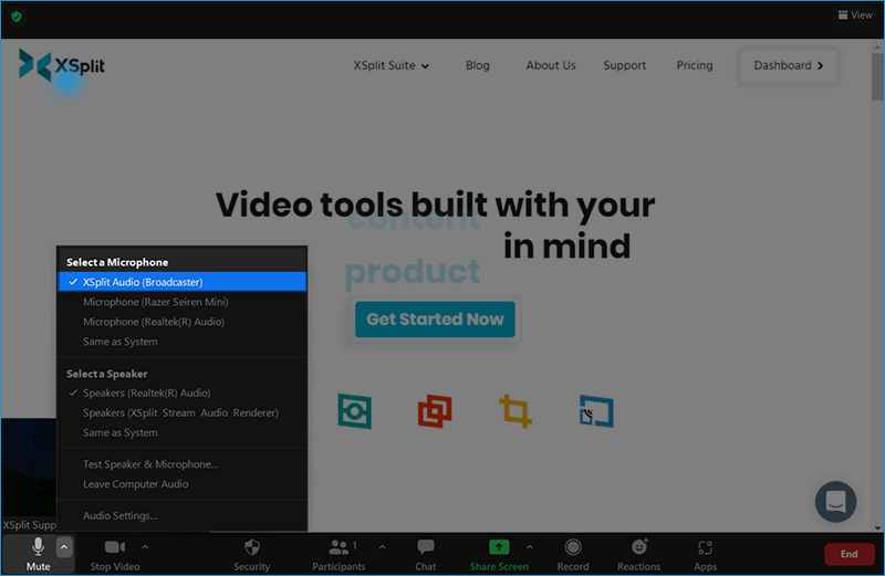 Selecting XSplit Audio as the microphone in Zoom&apos;s Audio settings