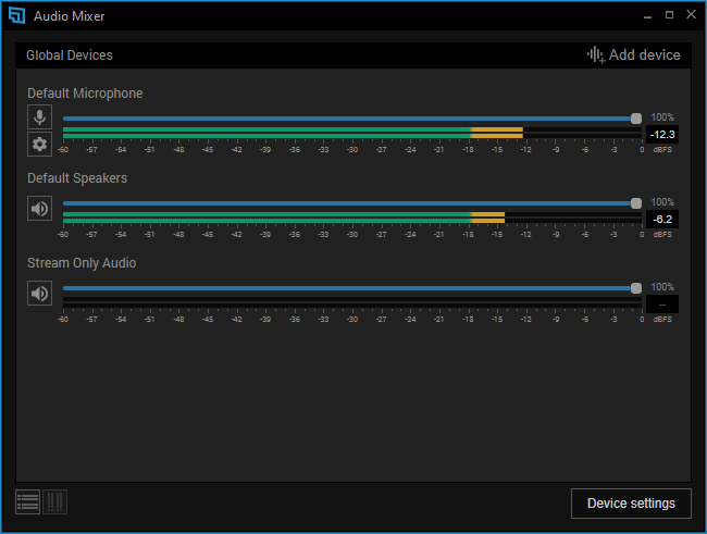 The Audio Mixer displays VU meters for your audio devices. A slider is used to adjust the volume for each device shown.