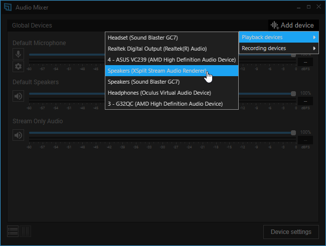 The Add device menu is on the upper-right corner of the Audio Mixer window.