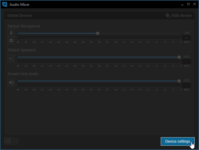The Device Settings button on the lower-right corner of the Audio Mixer launches XSplit Broadcaster's Audio settings.