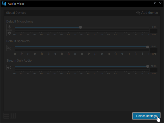 The Device Settings button on the lower-right corner of the Audio Mixer launches XSplit Broadcaster&apos;s Audio settings.