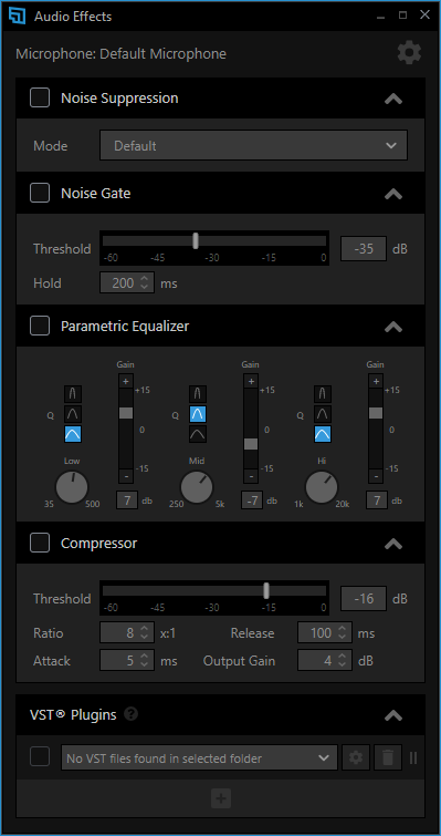 The Audio Effects window can be daunting at first launch for inexperienced users as a lot of options will be displayed.