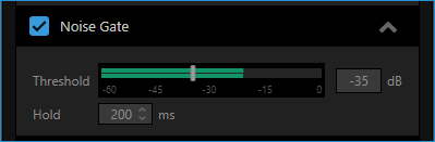 Audio Effects with Noise Gate enabled. The Threshold slider also has a VU meter displayed for reference while adjusting it.