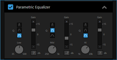 Audio Effects with Parametric Equalizer enabled. It&apos;s a 3-band semi-parametric equalizer with knobs to select Low, Mid and Hi frequency centers for your curves with gain sliders and quality factor preset buttons.