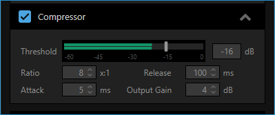 Audio Effects with Compressor enabled. A threshold slider with settings for attack and release timing, compression ratio and output gain are available as well.