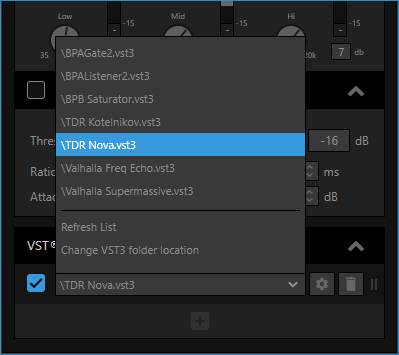 Selecting TDR Nova as the vst3 in the audio mixer's VST 3 section