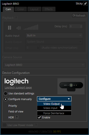 A camera settings window. The mouse is on the Configure dropdown menu and hovering above the option 
