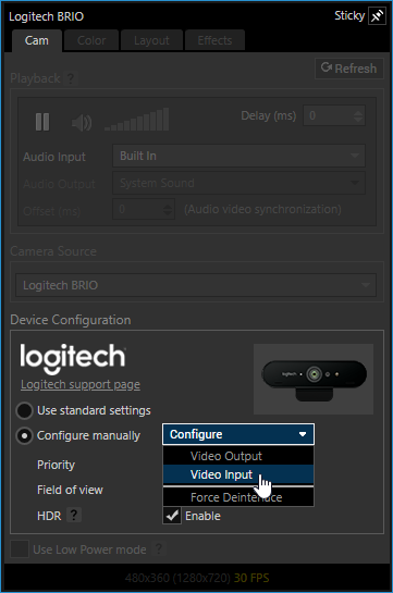 A camera settings window. The mouse is on the Configure dropdown menu and hovering above the option 