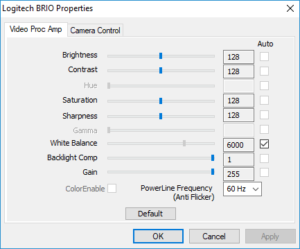 A screenshot of the camera&apos;s properties window. A section on Video Proc Amp and Camera Control shown here.
