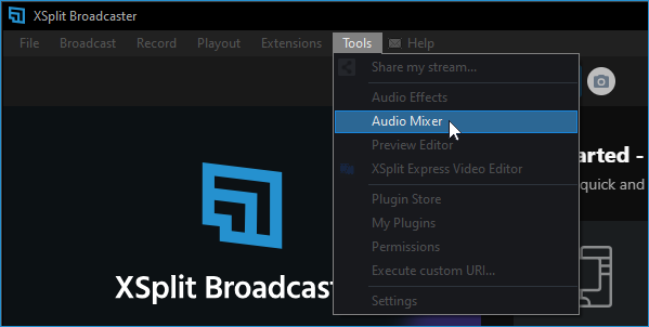 The Audio Mixer is accessed under the Tools menu in XSplit Broadcaster.