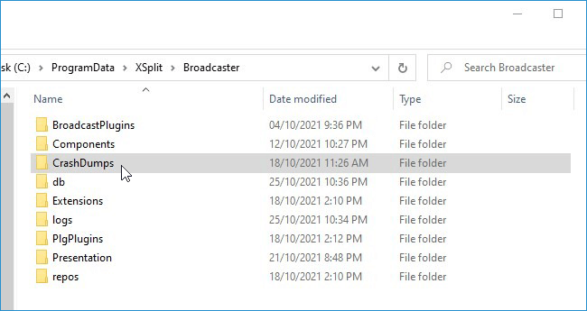 The Crash Dumps shown in Windows Explorer. This folder is automatically created to store generated crash dumps.